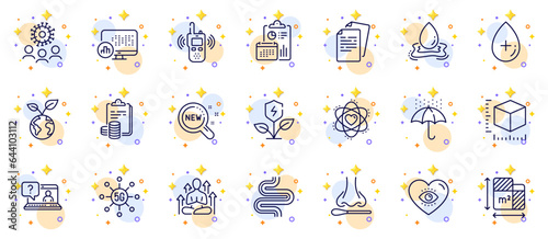 Outline set of Accounting, 5g technology and Meditation eye line icons for web app. Include Save planet, Nasal test, Report statistics pictogram icons. Documents, Intestine, Package size signs. Vector