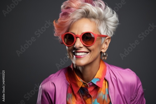 Cheerful woman with gray hair singing, wearing stylish glasses and a pink outfit. Generated AI