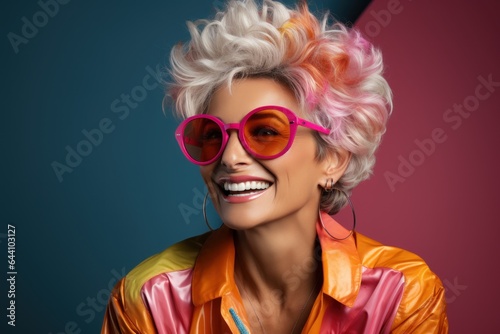 Cheerful woman wearing fashionable eyewear and smiling, looking at camera in studio portrait. Generated AI