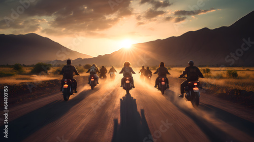 A group of motorcyclists traveling together against the backdrop of the sunset 