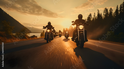 Sunset Bikers: Group of Motorcycle Riders Cruising Together