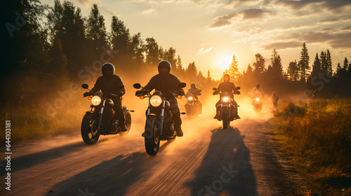 A group of motorcyclists traveling together against the backdrop of the sunset 