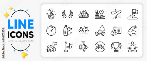 Fishing reel, Fishing rod and Arena stadium line icons set for app include Winner, Bike attention, Bicycle prohibited outline thin icon. Strong arm, Timer, Yoga pictogram icon. Vector