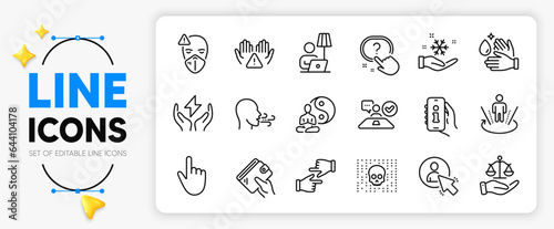 Breathing exercise, User and Cursor line icons set for app include Justice scales, Click hands, Wash hands outline thin icon. Safe energy, Question button, Freezing pictogram icon. Vector