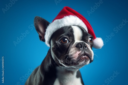 Close-up portrait photography of a happy boston terrier wearing a christmas hat against a periwinkle blue background. With generative AI technology © Markus Schröder