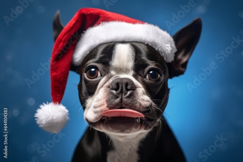 Close-up portrait photography of a happy boston terrier wearing a christmas hat against a periwinkle blue background. With generative AI technology