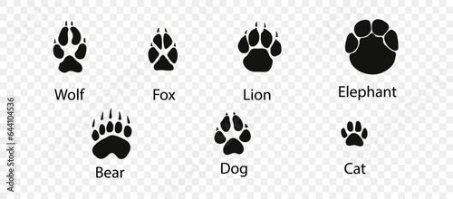 Vector set of wild wood animal tracks. Animal paw prints, vector different animals footprints black on white illustration. Сheckered background.