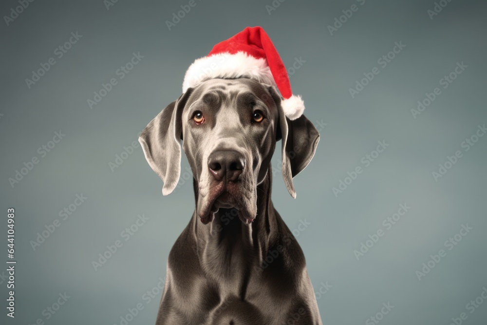 Medium shot portrait photography of a cute great dane wearing a christmas hat against a minimalist or empty room background. With generative AI technology - obrazy, fototapety, plakaty 