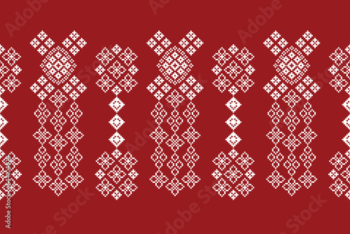 Ethnic geometric fabric pattern Cross Stitch.Ikat embroidery Ethnic oriental Pixel pattern red background. Abstract,vector,illustration. Texture,clothing,frame,decoration,motifs,silk wallpaper.