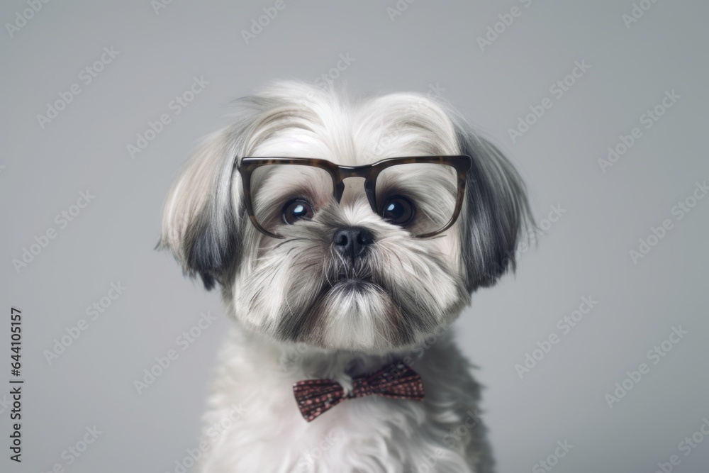 Close-up portrait photography of a cute shih tzu wearing a hipster glasses against a minimalist or empty room background. With generative AI technology Close-up portrait photography of a cute shih tzu wearing a hipster glasses against a minimalist or empty room background. With generative AI technology