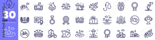 Cardio training, Swimming pool and Winner line icons pack. Arena, Fish school, Laureate award web icon. Medal, Empower, Hook pictogram. Diploma, Leadership, Ole chant. Winner ribbon. Vector