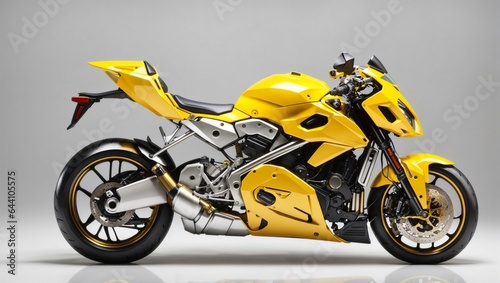 Realist metal yellow sport bike motorcycle from left front view with white background
