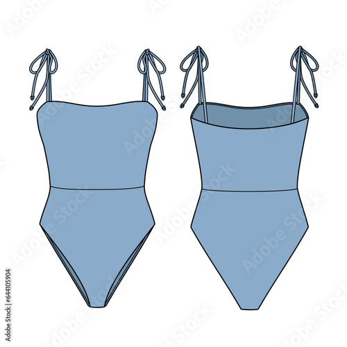 Tie Shoulder One Piece technical fashion flat. Swimsuit vector illustration, front and back view, editable mockup template.	