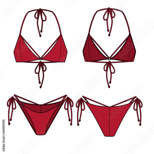 Strappy Tie String Bikini technical fashion flat. Swimsuit vector illustration, front and back view, editable mockup template.	