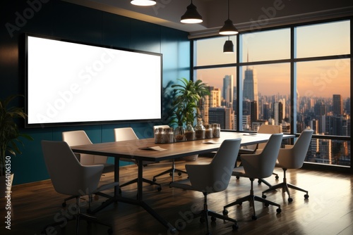 Conference room with walls and big windows and led display on the wall. Generative AI. © Dusit