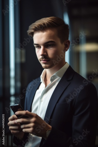 portrait of a handsome young man using his cellphone in the office