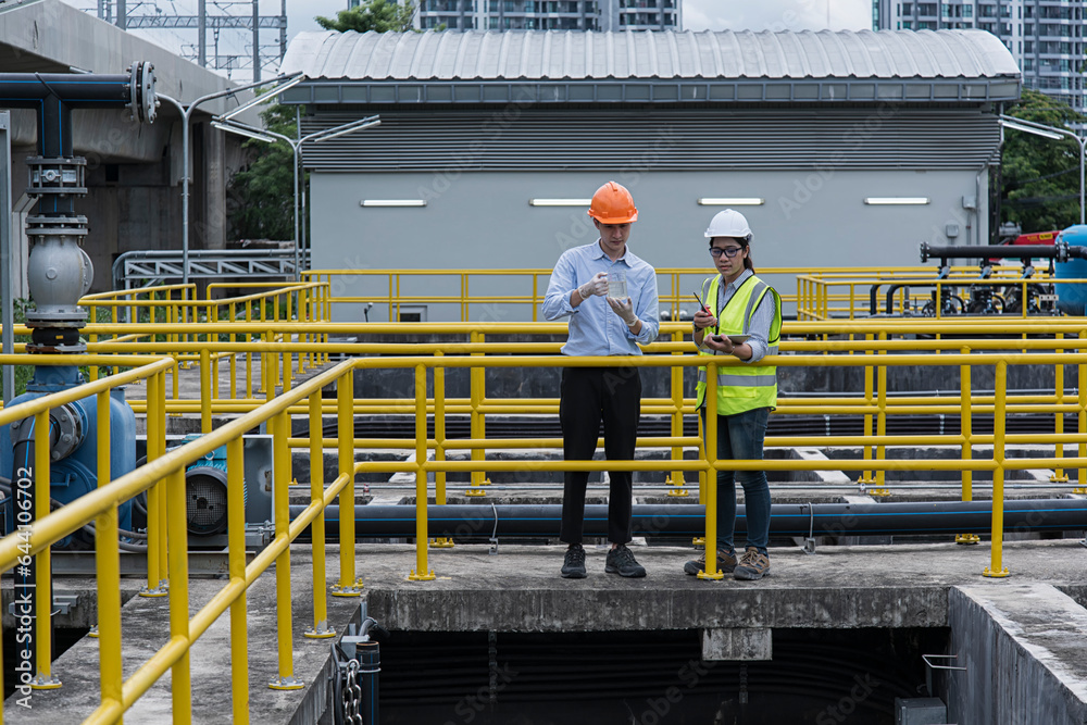engineer , worker checking waste water on plant. worker working on