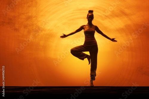 Silhouette of a dancing girl against the background of sunset. © Fotograf