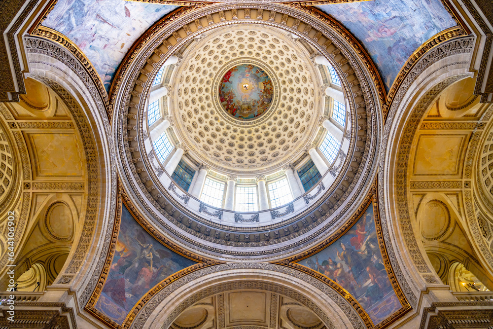 Ornamental and painted ceiling of Pantheon in Paris, France