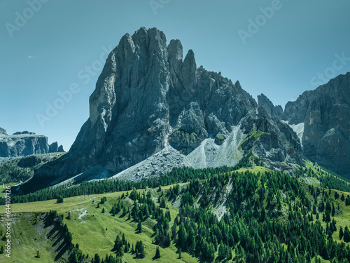 Aerial view of Sassolungo (Langkofel), a mountain peak on the Dolomites mountain range in Trentino, South Tyrol in Northern Italy.