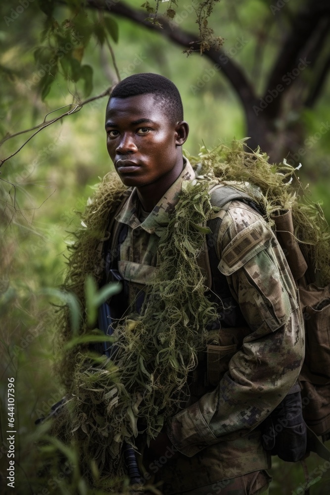 shot of a young soldier standing in front of an african bush