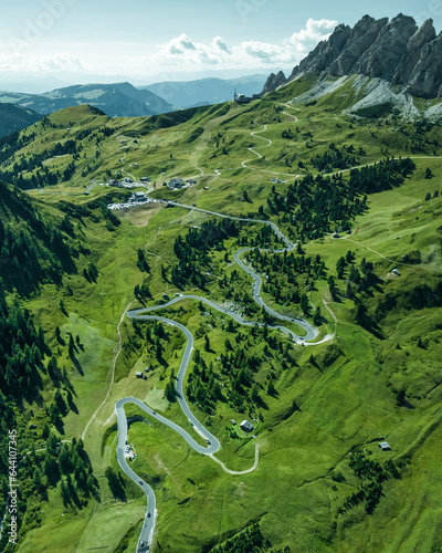 Aerial view of Passo Gardena on the Dolomites Mountains, Trentino, South Tyrol, Italy. photo