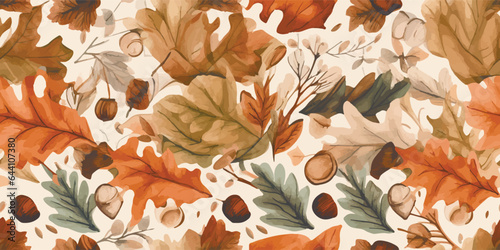 Autumn seamless pattern with different leaves and plants, seasonal colors