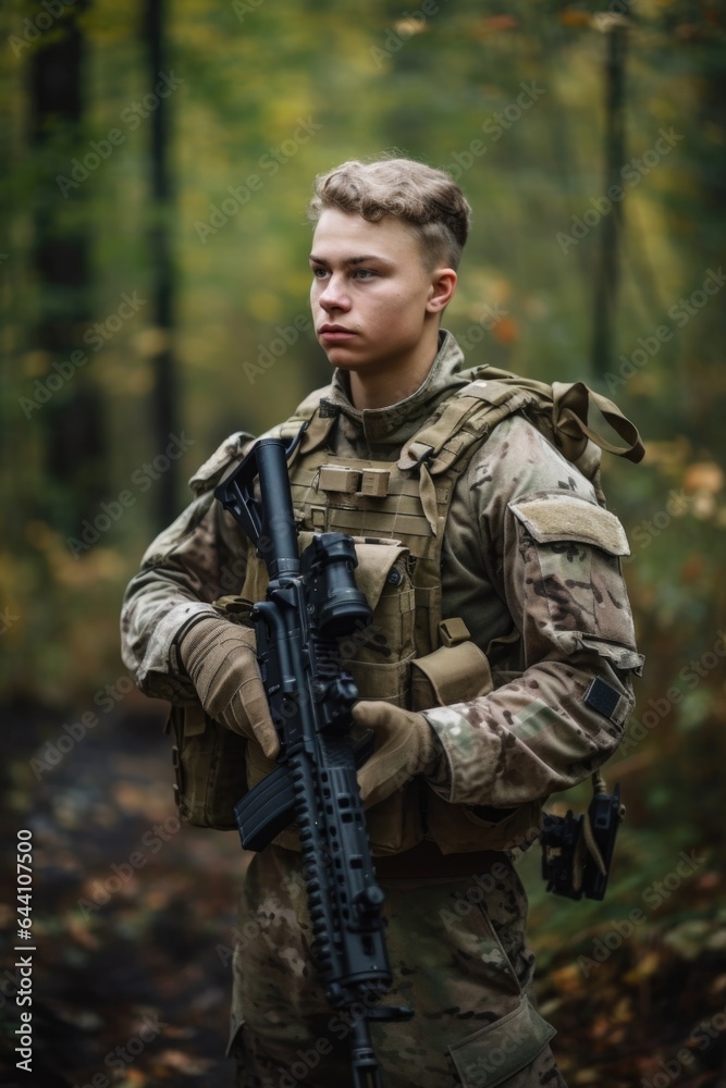 shot of a young male soldier standing with a machine gun in the outdoors