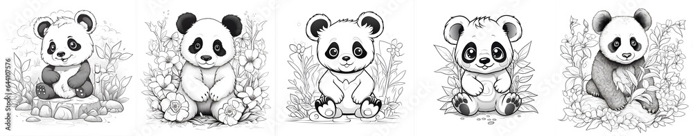 Set of panda illustrations for kids coloring book. Coloring page ...