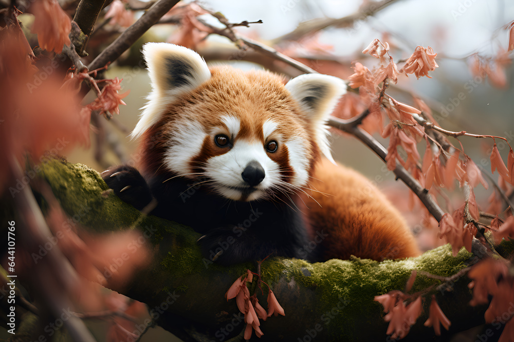Fototapeta premium Red panda on a tree in it's natural habitat. Cute small red panda sitting on a red tree in a chinese forest. Panda bear in forest