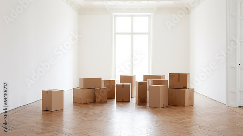 cardboard boxes in a large empty bright room, relocating.