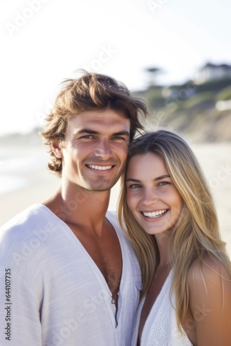 portrait of a happy young man and woman standing together at the beach