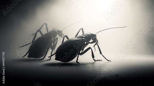 phobia fear silhouettes of huge cockroaches in white fog smoke disinsection. © kichigin19