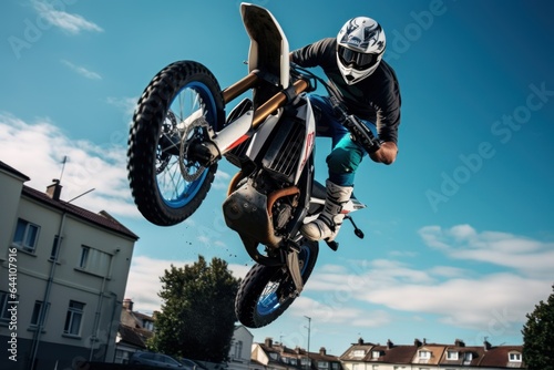 A man on a motorcycle flies.