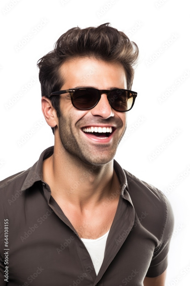 smiling handsome man wearing stylish sunglasses against a white background