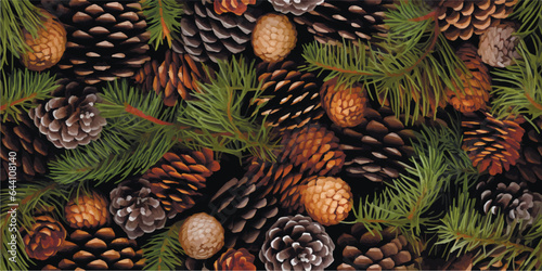 Fototapete Vector seamless background with fir tree branches and cones.