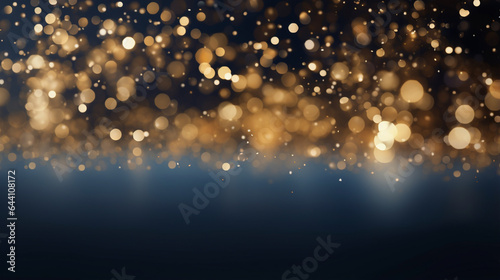 Abstract background with Dark blue and gold particle. Christmas Golden light shine particles bokeh on navy blue background. Gold foil texture. Holiday concept. See Less