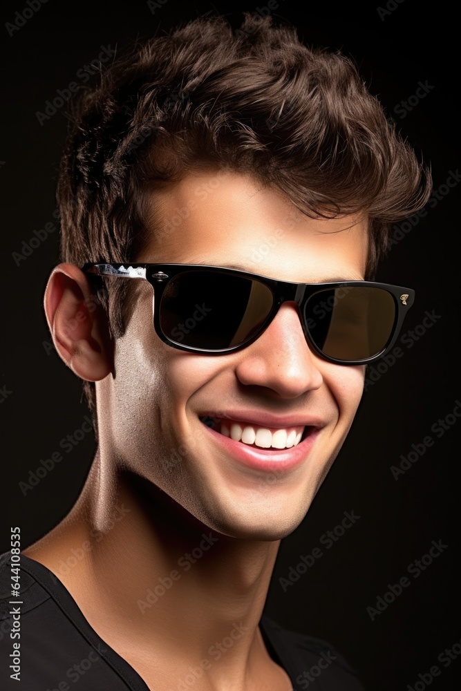 closeup of a satisfied young male wearing sunglasses on his face isolated in studio