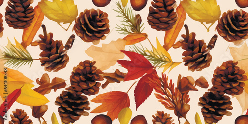 Seamless pattern. Hand drawn vector illustrations - Forest Autumn collection. Spruce branches, acorns, pine cones, fall leaves. Design elements for invitations, greeting cards, quotes, prints, fabric