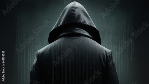 Anonymous hacker. Man, portrait, dark, back side. 