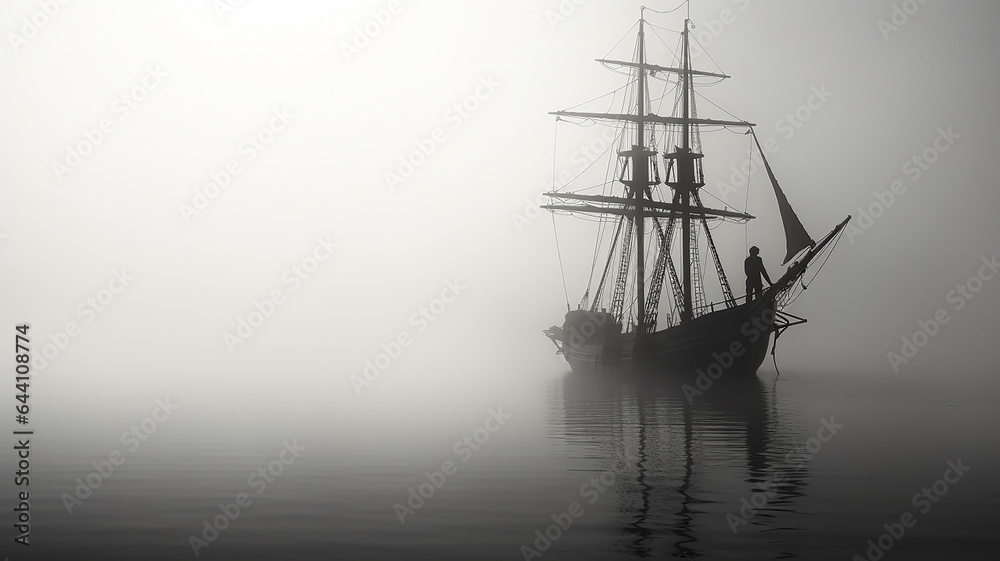 black sailboat silhouette in the fog. black sailboat silhouette in the fog.