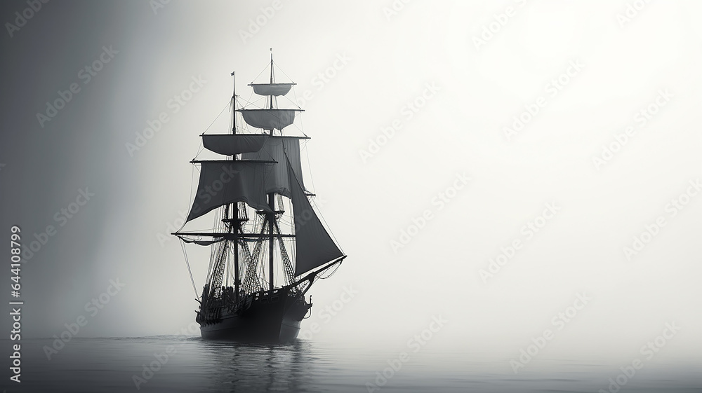 black sailboat silhouette in the fog. black sailboat silhouette in the fog.