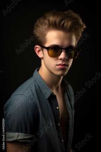 a young man standing in studio while wearing sunglasses
