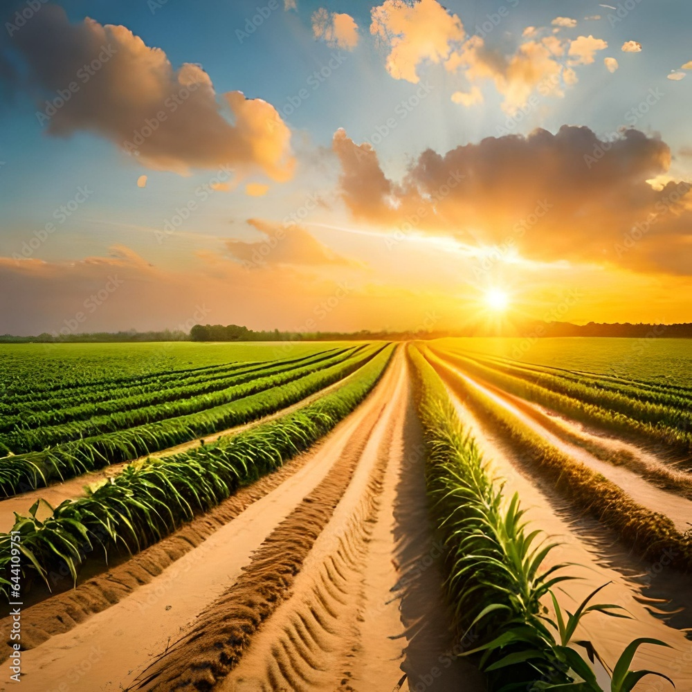 Panoramic view of young corn field plantation with sunrise background.AI generated