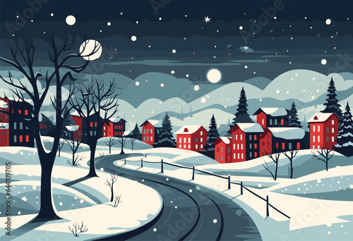 Winter landscape and houses on a vector background with snowflakes falling from the sky. Christmas winter landscapes of cold weather and rustic houses in urban or rural forest, snowy hills and fields