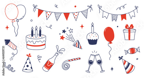 Birthday doodle icon element. Hand drawn sketch doodle birthday cake, balloon, event decoration element. Party, carnival celebration concept background. Vector illustration.