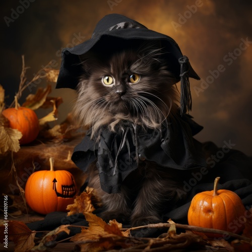 Photo of a Halloween-themed black cat wearing a witches hat surrounded by pumpkins created with Generative AI technology © AI Visual Vault