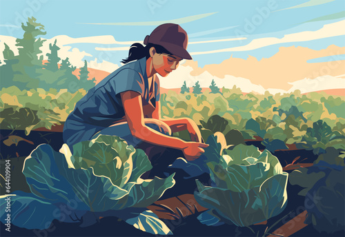 Farm landscape with agriculture field and farmer with crate of vegetables. Worker collecting harvest on plantation. Man in farmland with box of cabbages. Flat vector illustration of agronomist