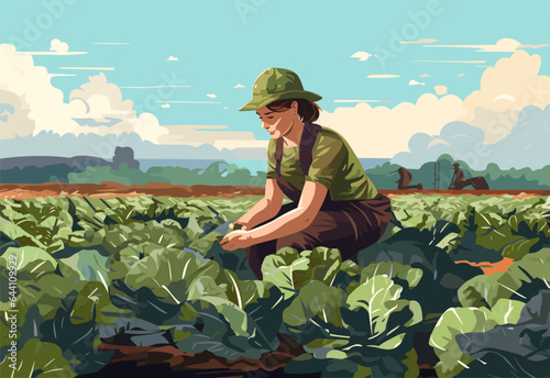 Farm landscape with agriculture field and farmer with crate of vegetables. Worker collecting harvest on plantation. Man in farmland with box of cabbages. Flat vector illustration of agronomist