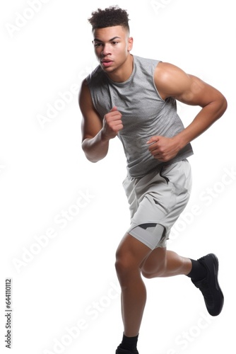 a young ethnic man in sportswear running against a white background